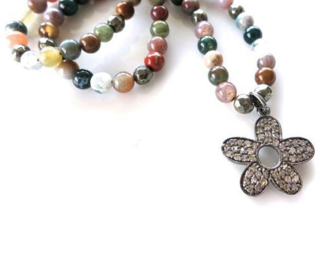 Pave Diamond Flower beaded necklace - Sacred Birch
