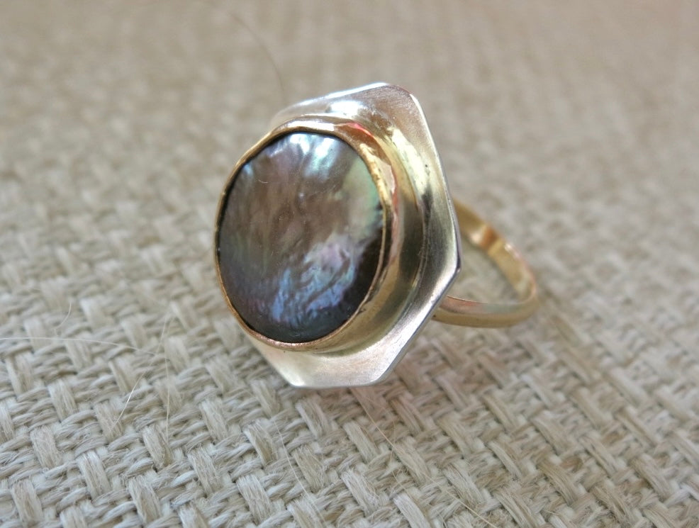 Gray Freshwater pearl sterling silver ring - Sacred Birch