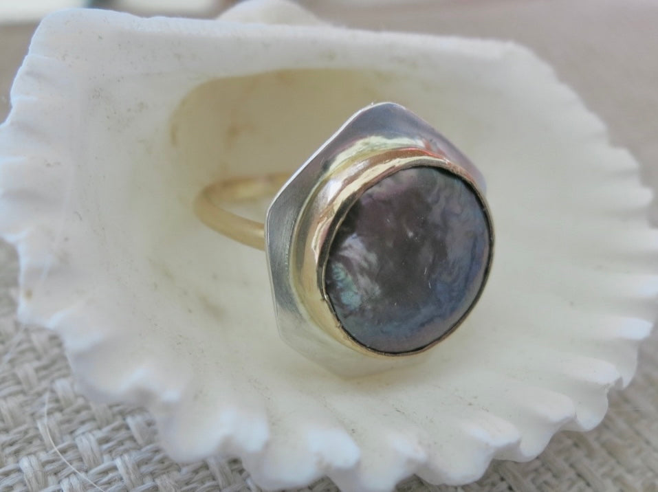 Gray Freshwater pearl sterling silver ring - Sacred Birch