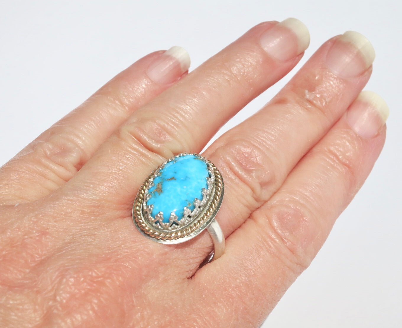 Oval Turquoise ring with mixed metal, Sterling silver and gold filled turquoise ring - Sacred Birch