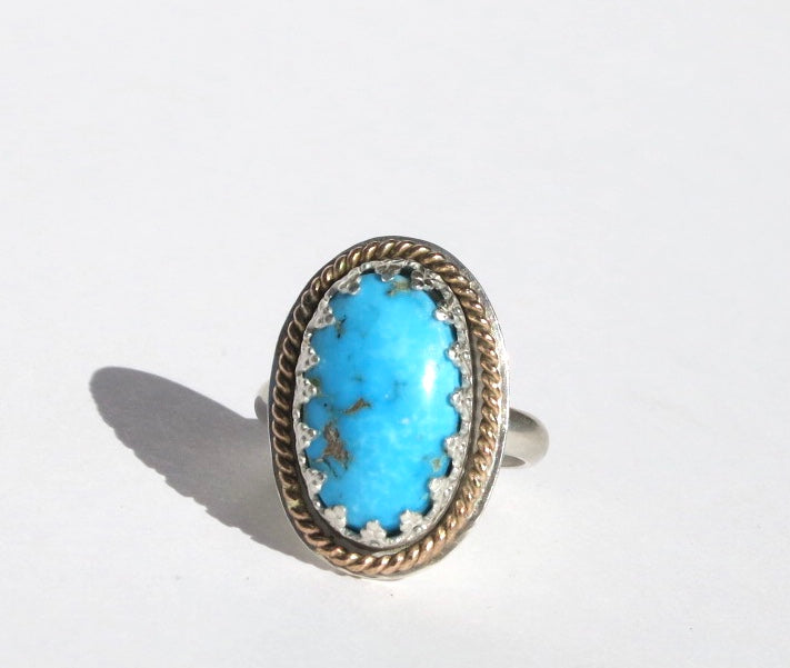 Oval Turquoise ring with mixed metal, Sterling silver and gold filled turquoise ring - Sacred Birch