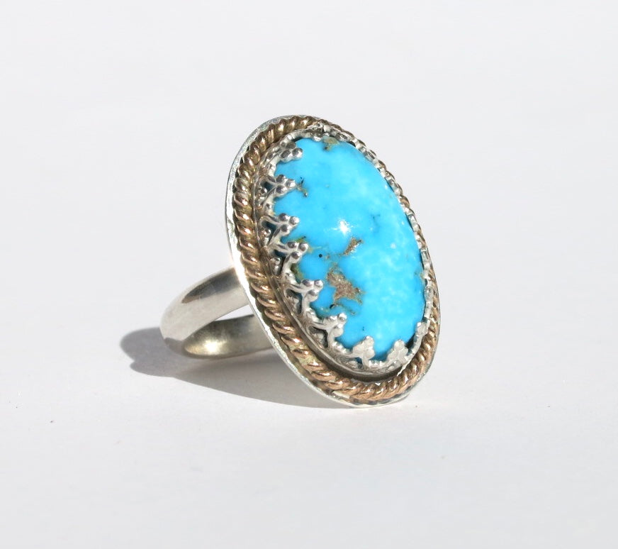 Oval Turquoise ring with mixed metal, Sterling silver and gold filled turquoise ring - Sacred Birch