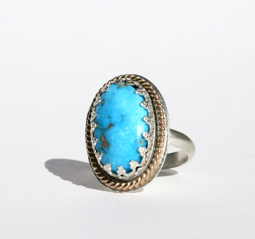 Oval Turquoise ring with mixed metal, Sterling silver and gold filled turquoise ring - Sacred Birch