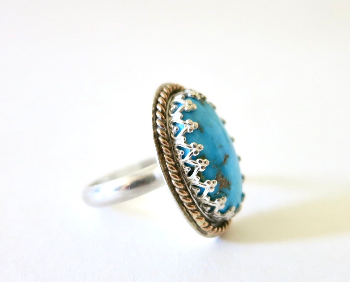 Oval Turquoise ring with mixed metal, Sterling silver and gold filled turquoise ring - Sacred Birch