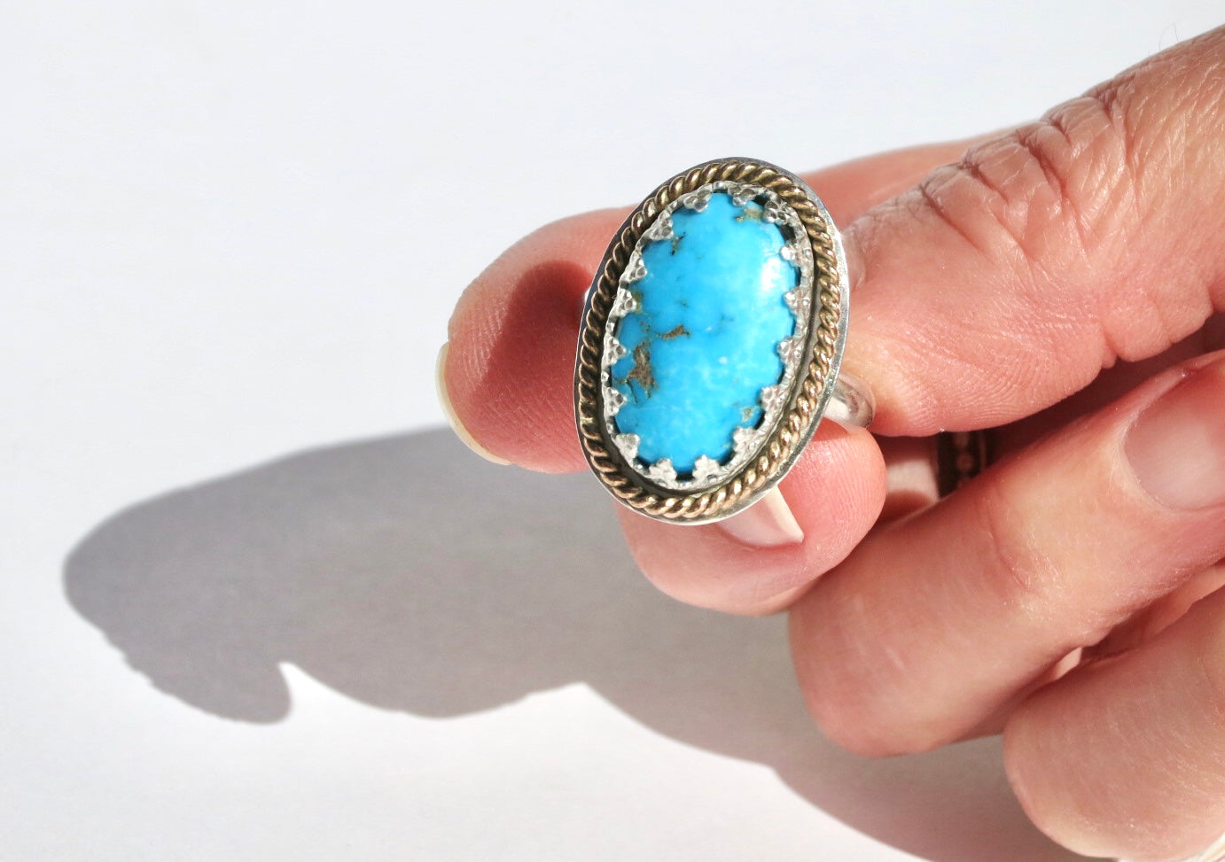 Oval Turquoise ring with mixed metal, Sterling silver and gold filled turquoise ring - Sacred Birch