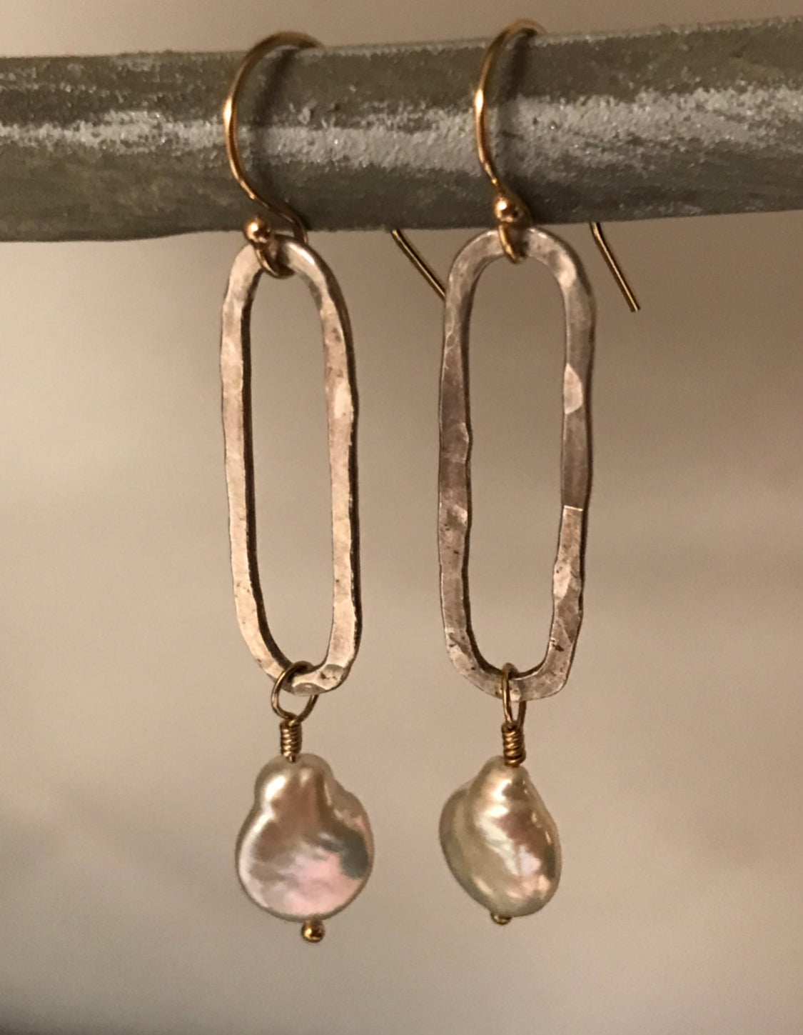 Silver Lake Nights - Sterling silver hammered dangle earrings with pearl - Sacred Birch