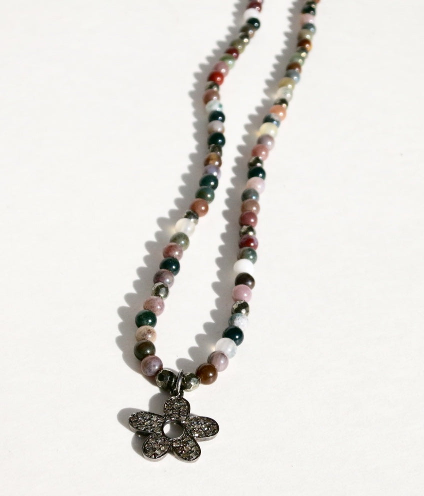 Pave Diamond Flower beaded necklace - Sacred Birch