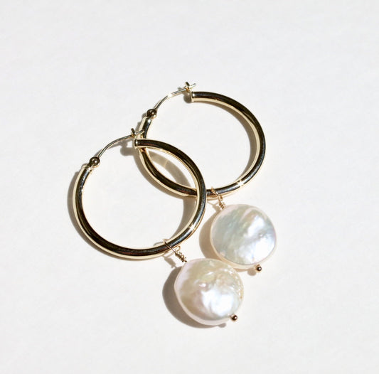 Coin Pearl on Gold Hoops - Sacred Birch