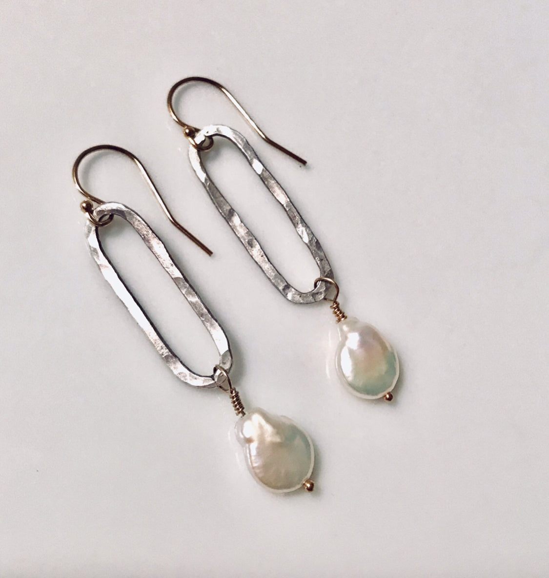 Silver Lake Nights - Sterling silver hammered dangle earrings with pearl - Sacred Birch