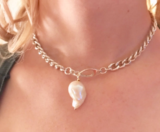 Sterling Silver Curb Chain Necklace with Pearl - Sacred Birch