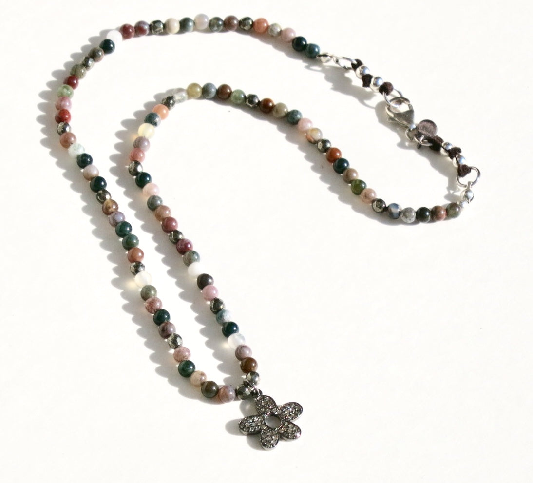 Pave Diamond Flower beaded necklace - Sacred Birch