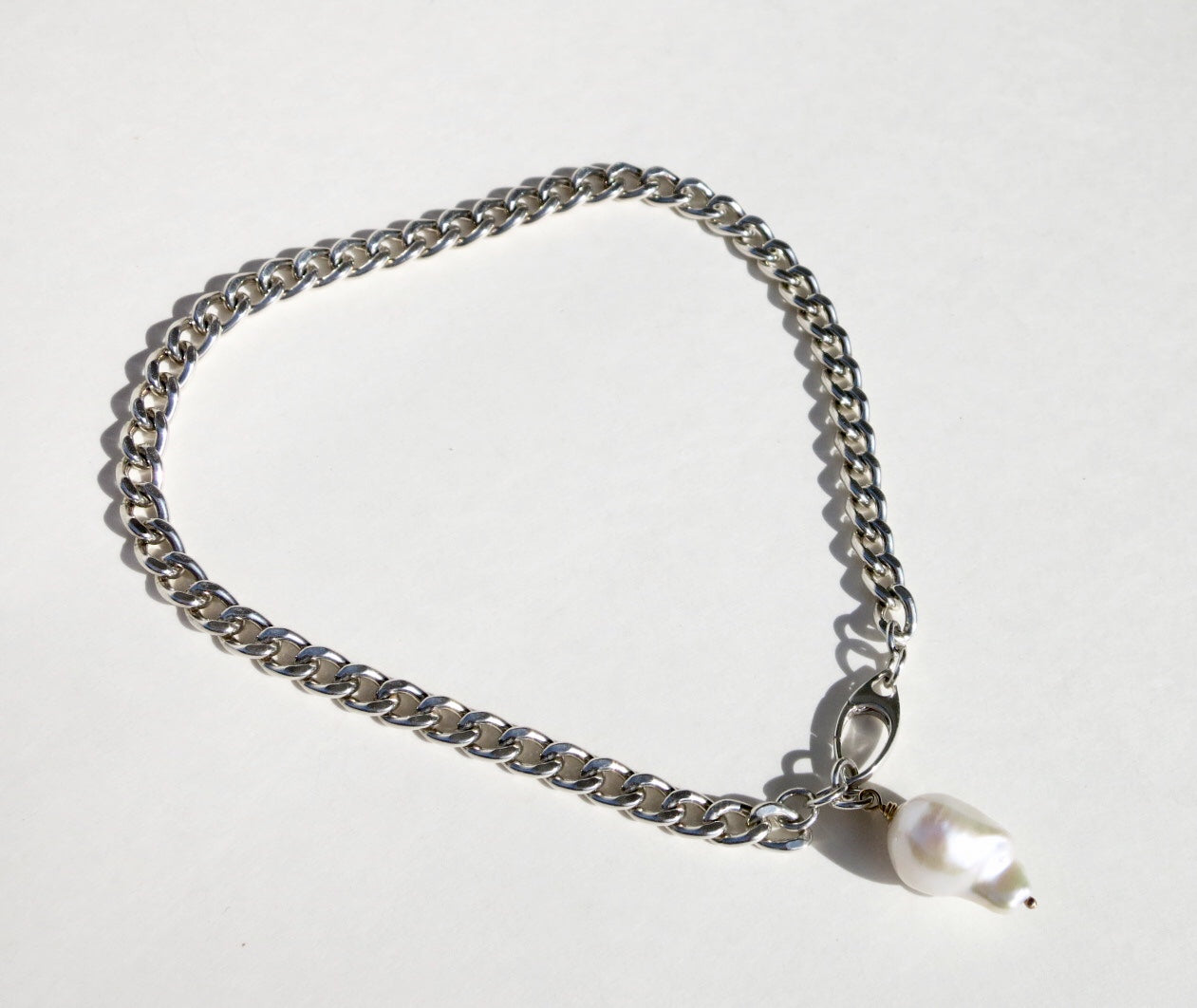 Sterling Silver Curb Chain Necklace with Pearl - Sacred Birch