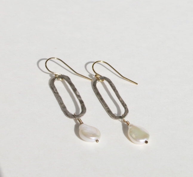 Silver Lake Nights - Sterling silver hammered dangle earrings with pearl - Sacred Birch