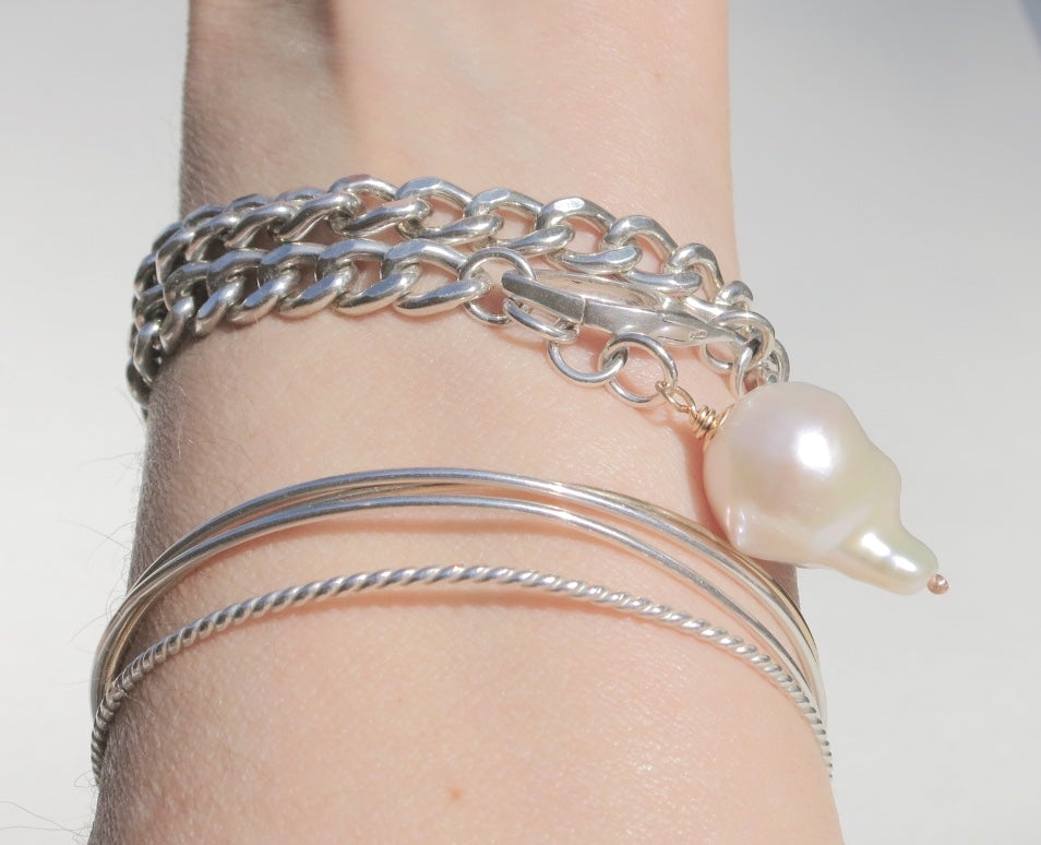 Sterling silver curb chain bracelet with pearl - Sacred Birch