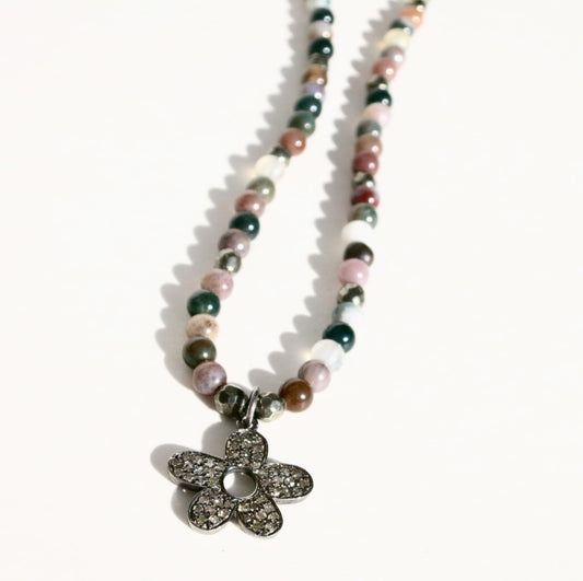 Pave Diamond Flower beaded necklace - Sacred Birch