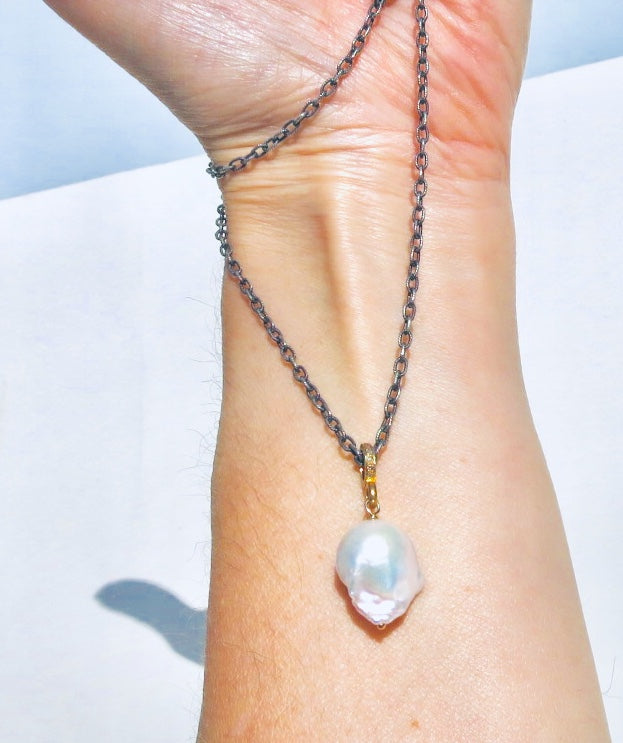 Baroque Pearl pendant on oxidized silver chain - Sacred Birch